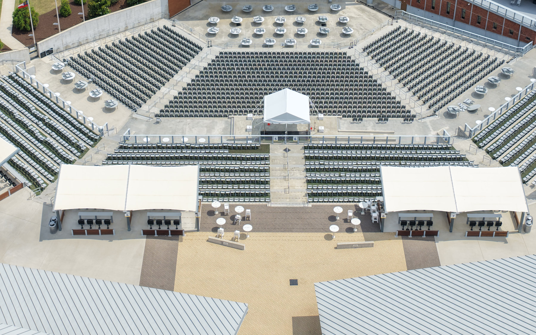 Aerial view of an outdoor amphitheater and event venue